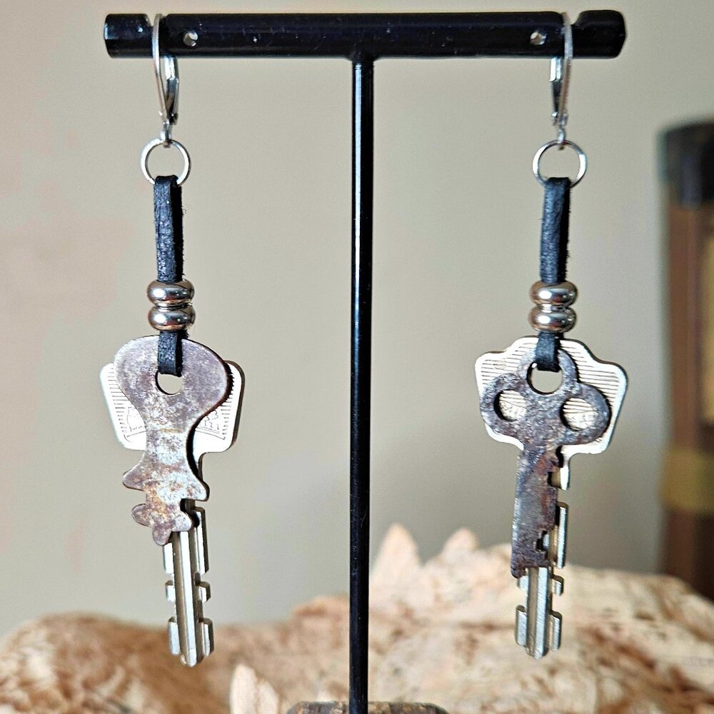 Vintage Key Earrings Black Leather Silver Stainless Steel Rustic Long Drop Charm